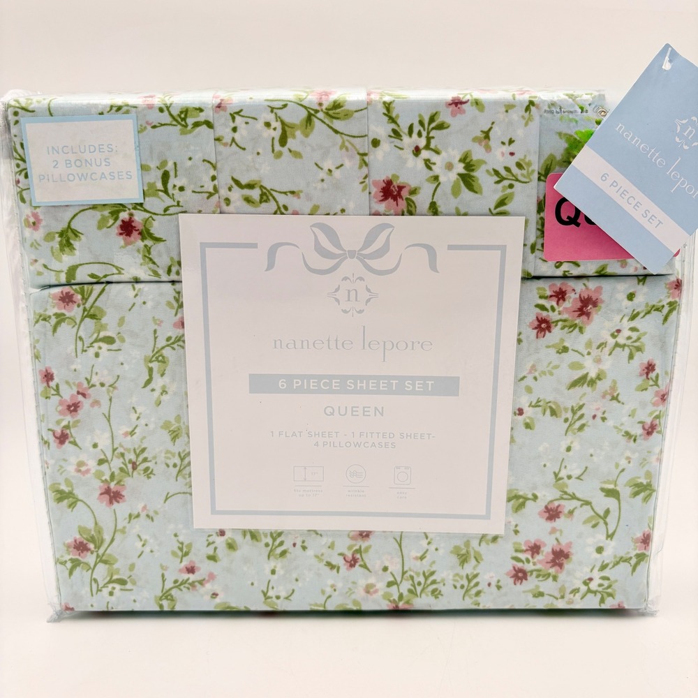 Nanette Lepore Queen 6 Piece Sheet Set Blue Floral Print‎ Coquette Rosettes